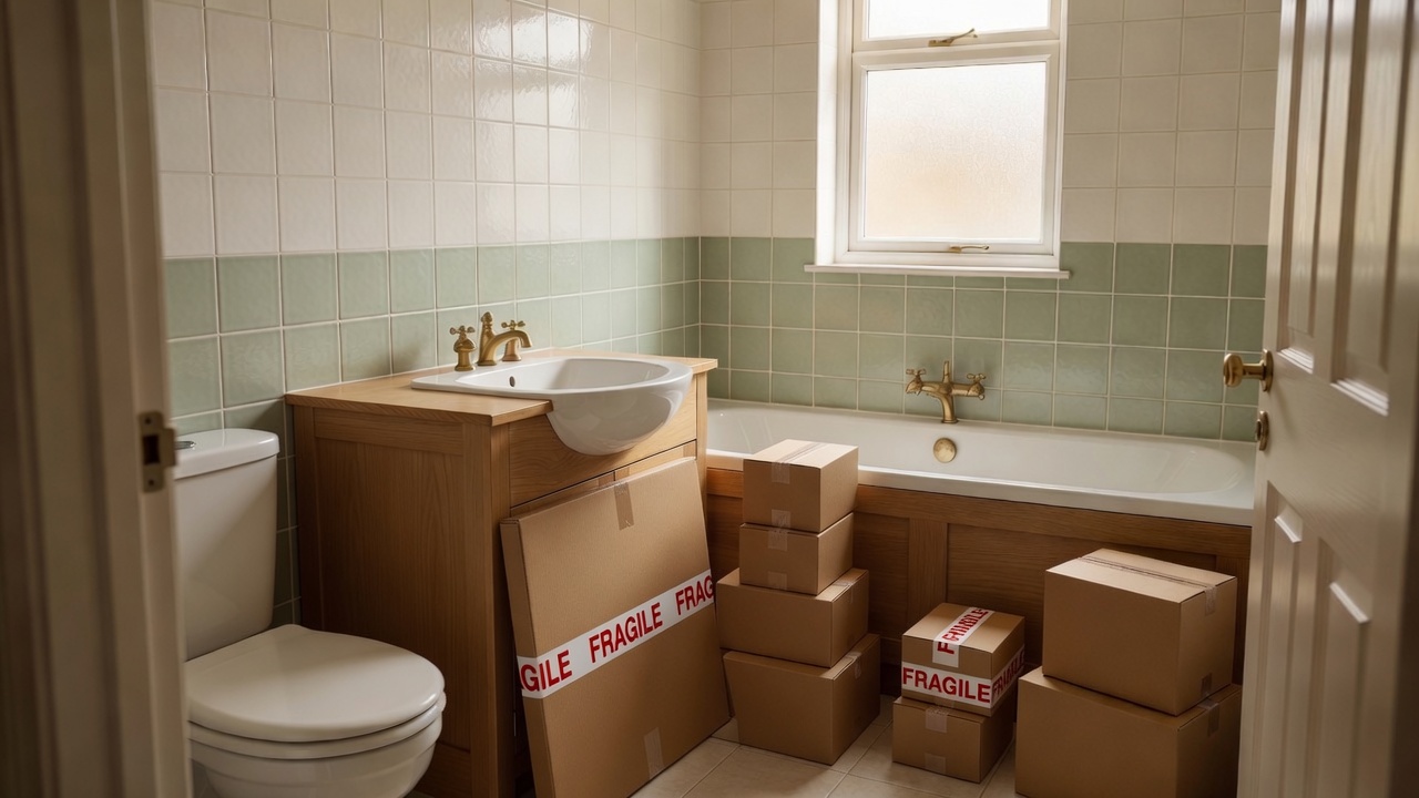 Bathroom packed and ready to move