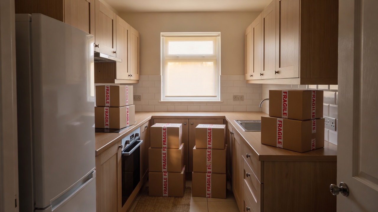 Galley Kitchen packed and ready to move