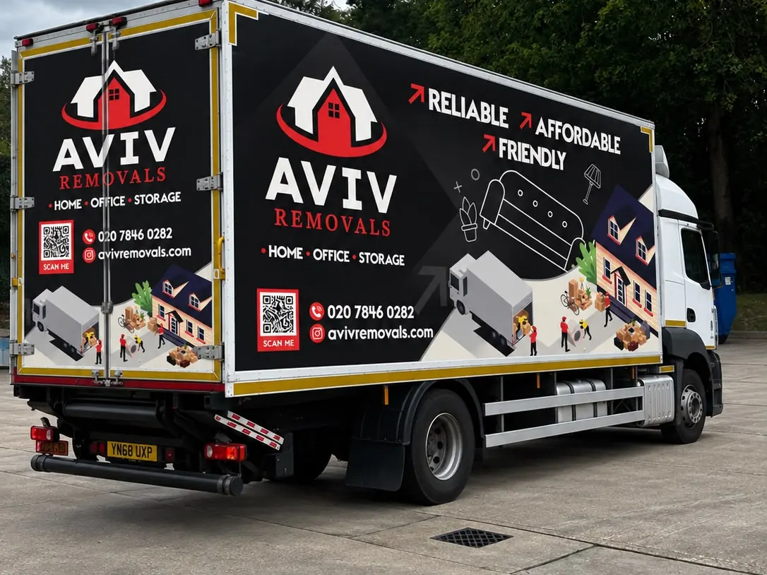 Aviv Removals branded truck parked on site in London