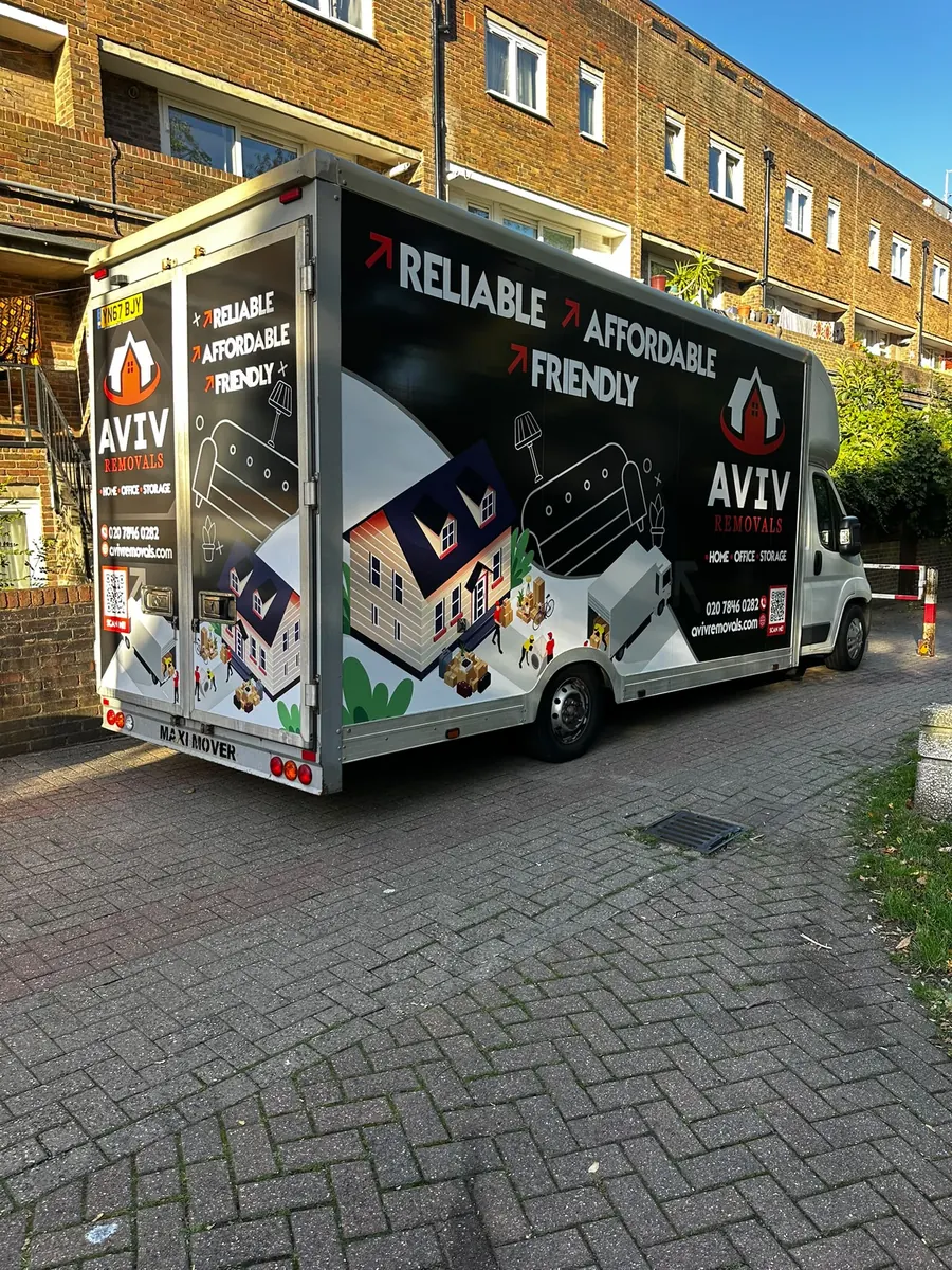 Aviv Removals van outside London apartment buildings