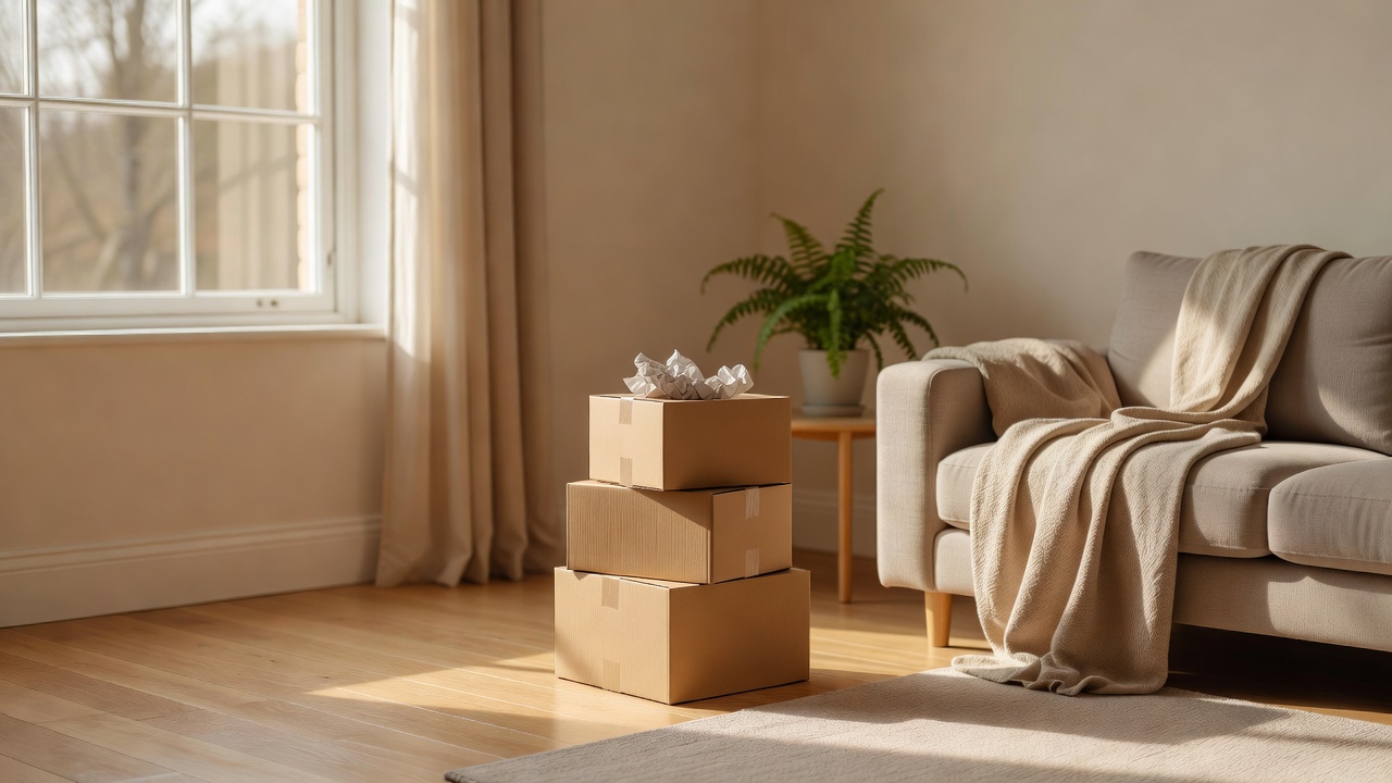 Packed moving boxes in a bright living room
