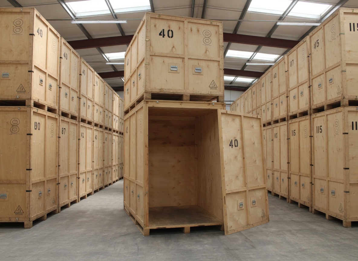 Sealed wooden storage containers at the Aviv yard