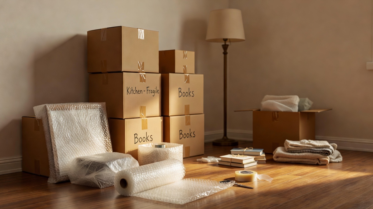 A tidy room boxed up and ready to go